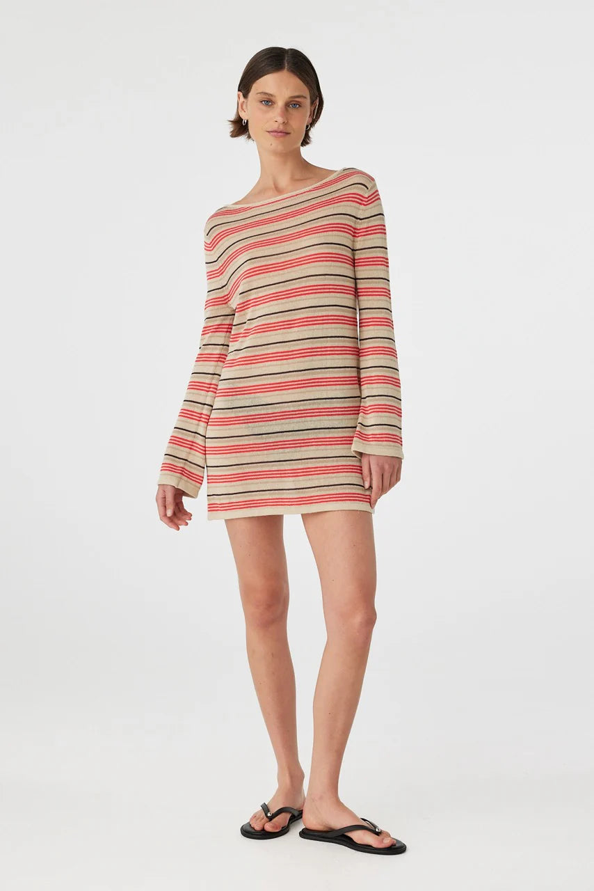 Nia Long Sleeve Mini Dress - Flame & Taupe Stripe