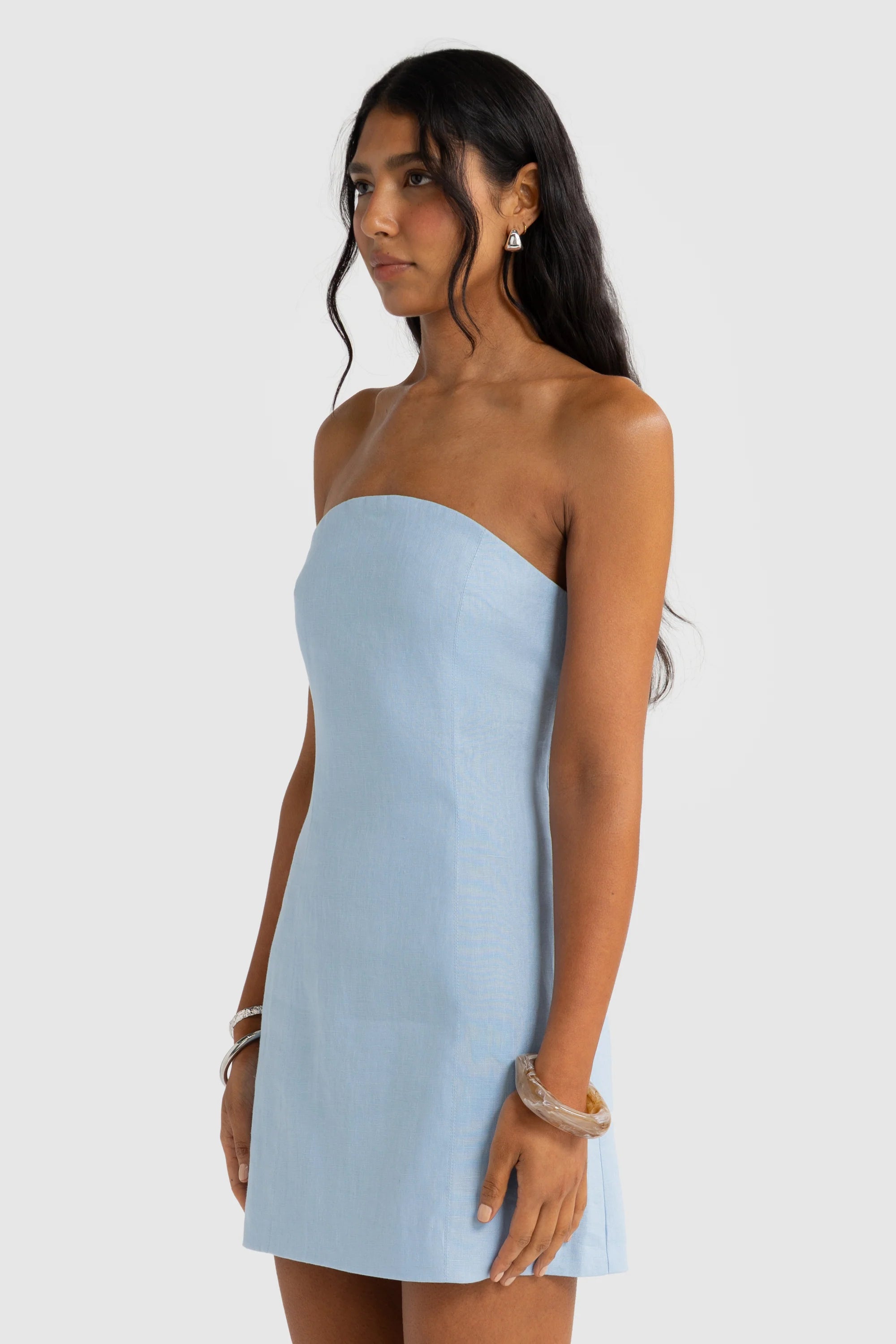 Savannah Linen Strapless Mini Dress Powder Blue