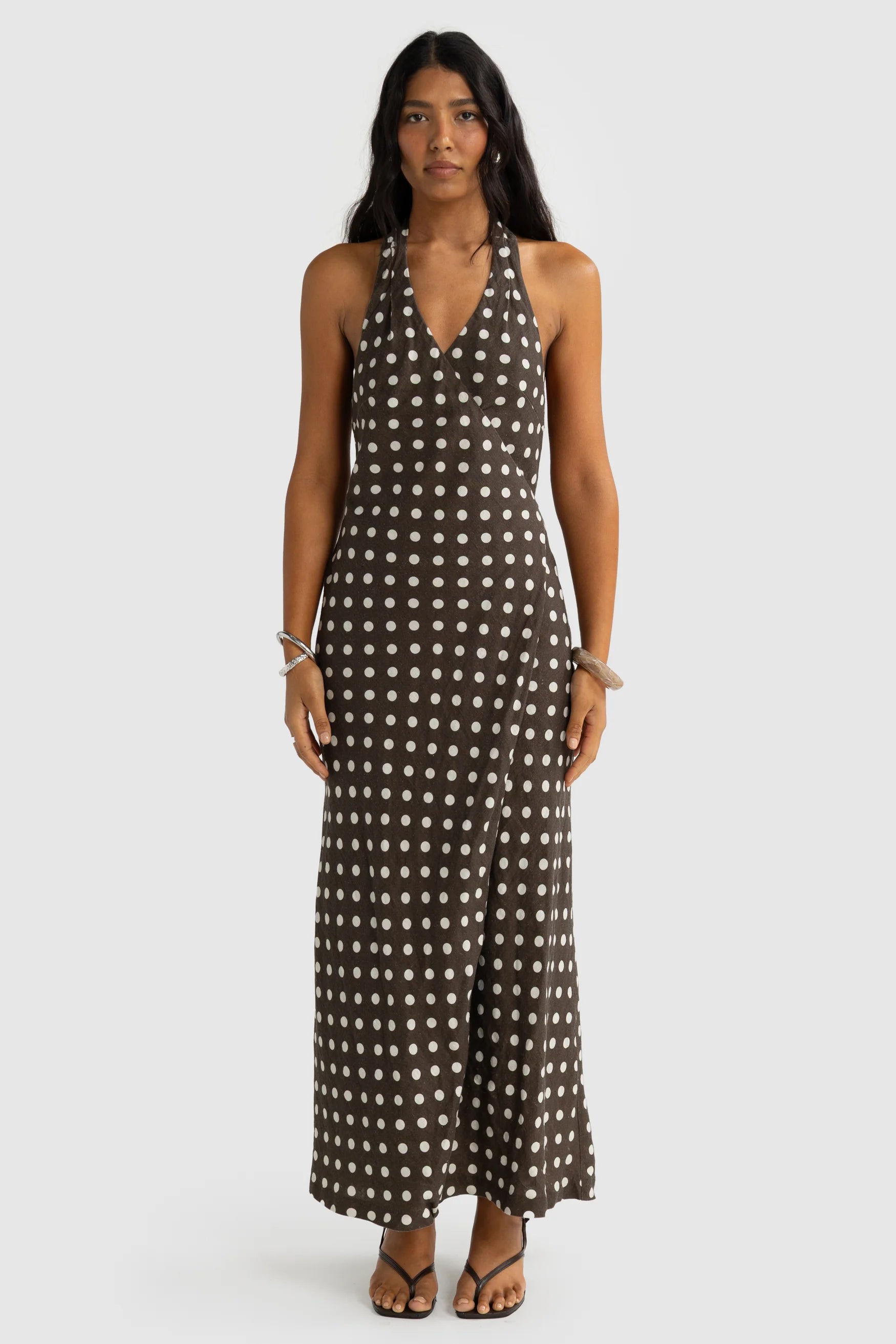 Elise Linen Wrap Dress Polka Dot Carob