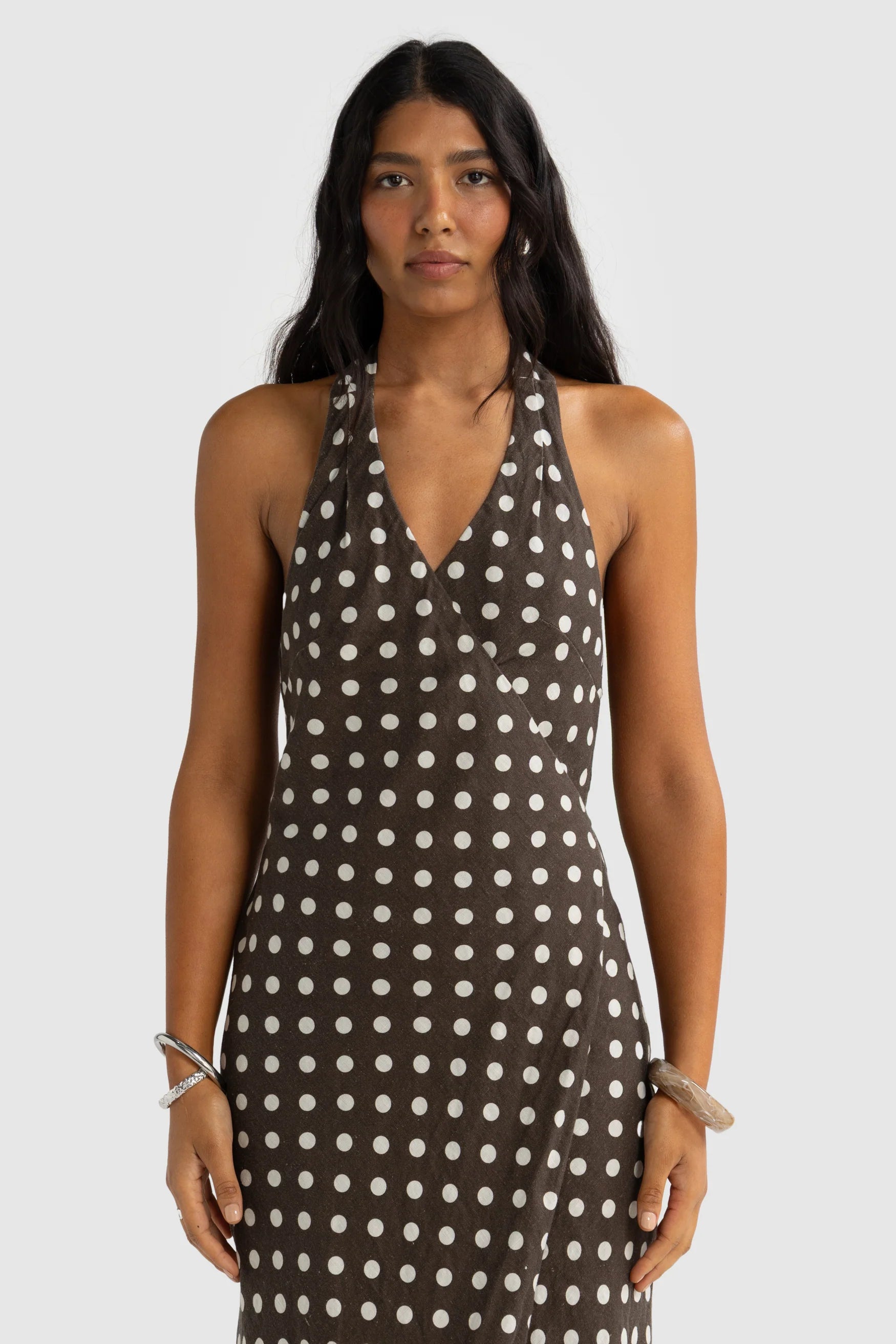 Elise Linen Wrap Dress Polka Dot Carob