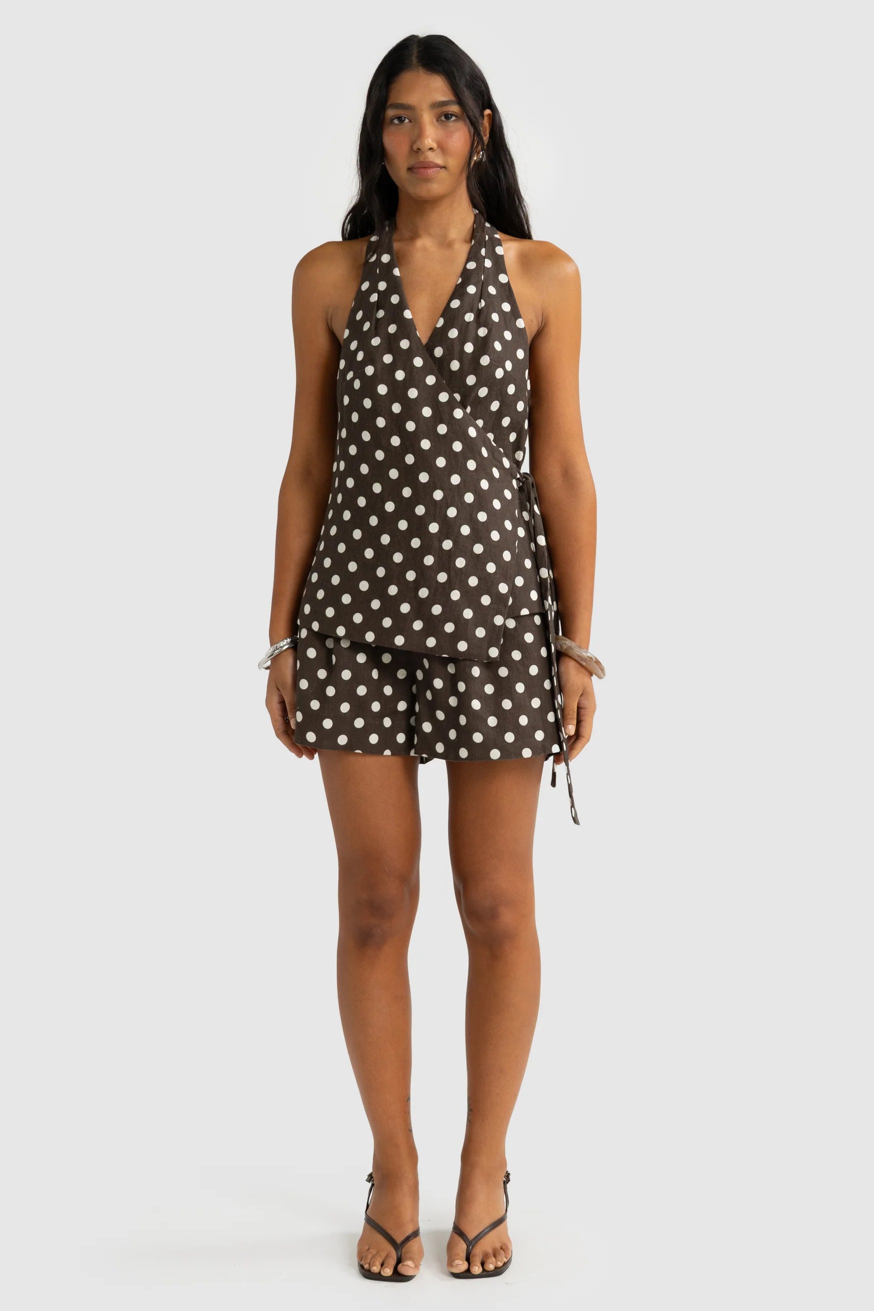 Elise Linen Wrap Top Polka Dot Carob