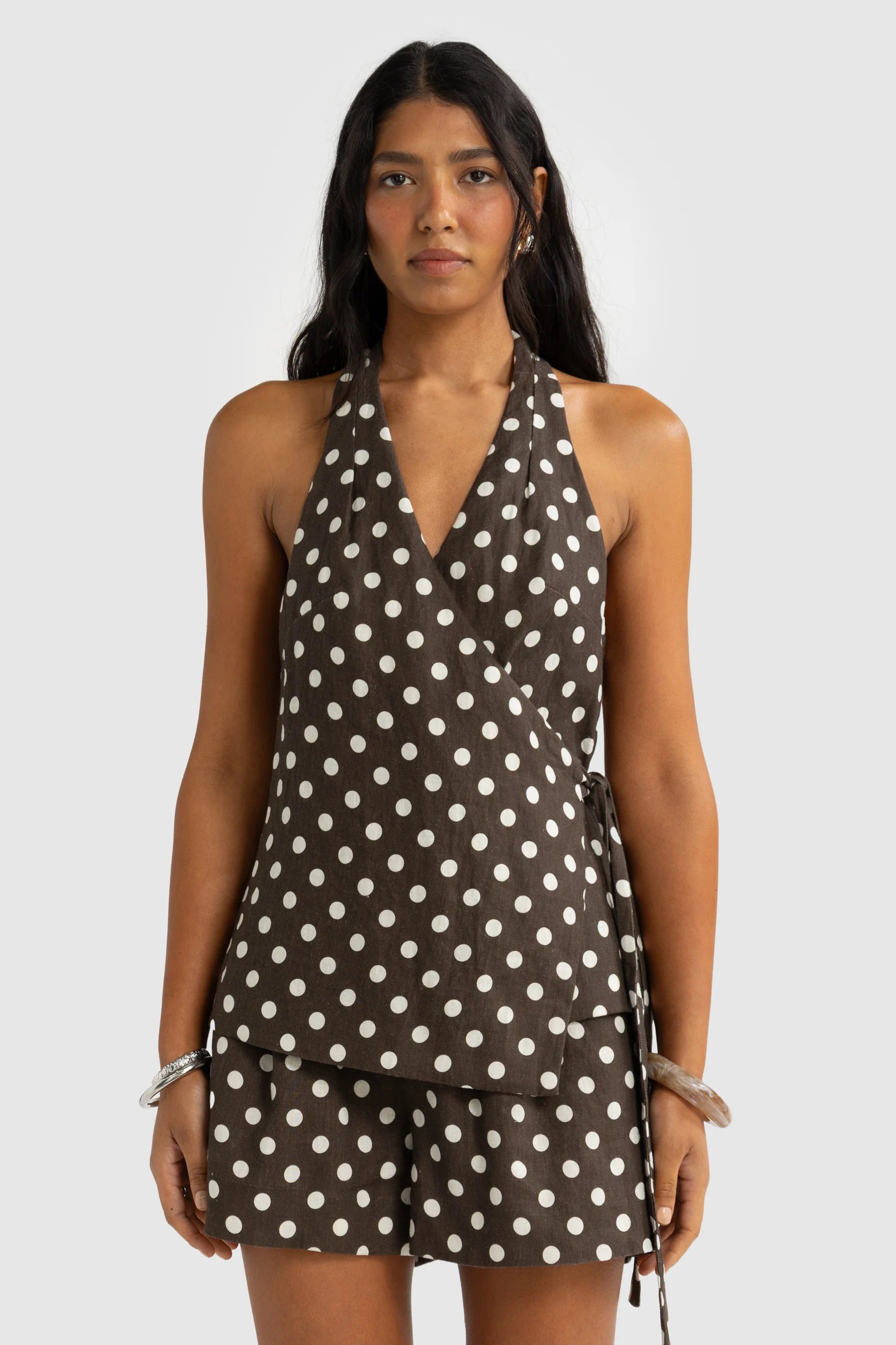 Elise Linen Wrap Top Polka Dot Carob