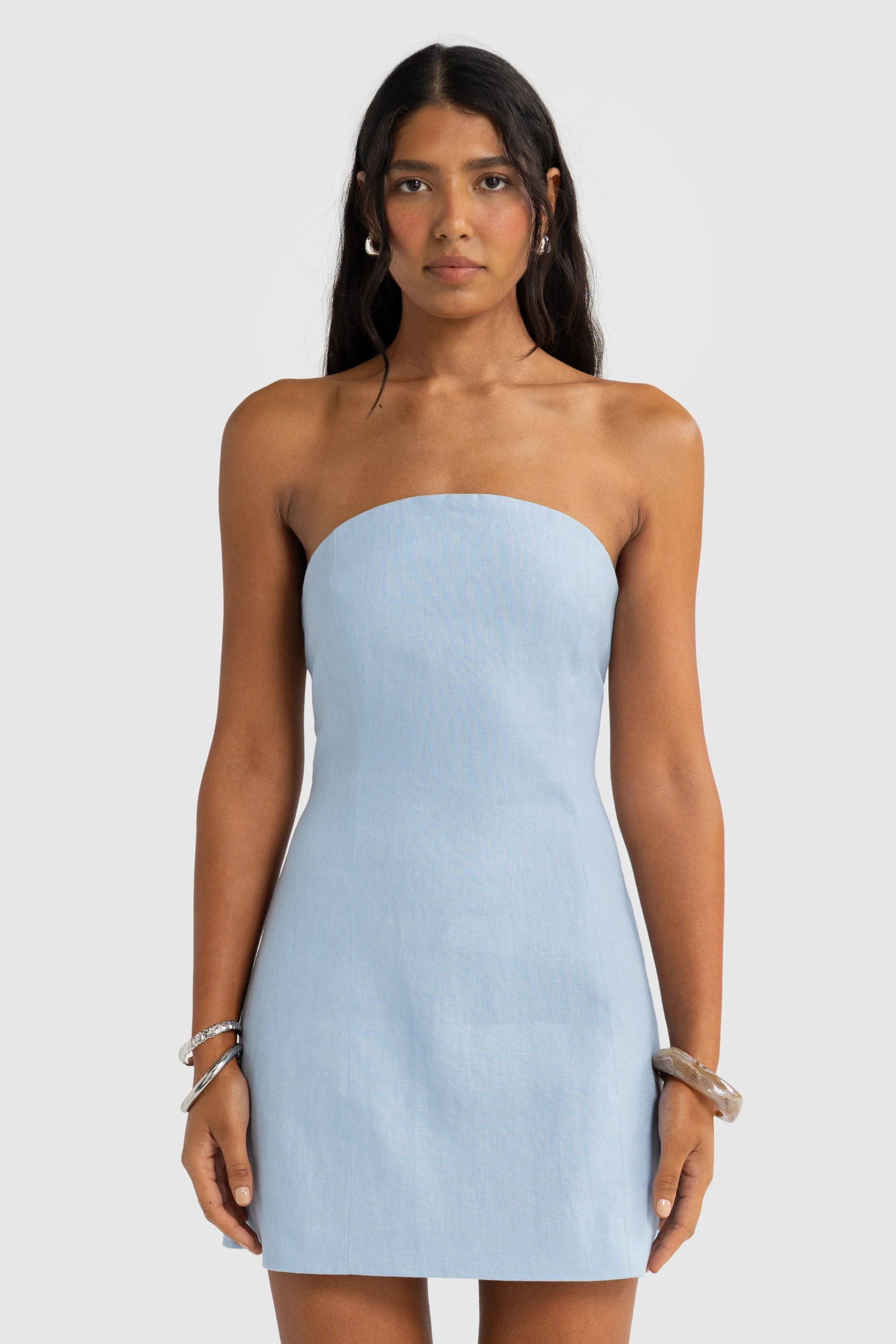 Savannah Linen Strapless Mini Dress Powder Blue