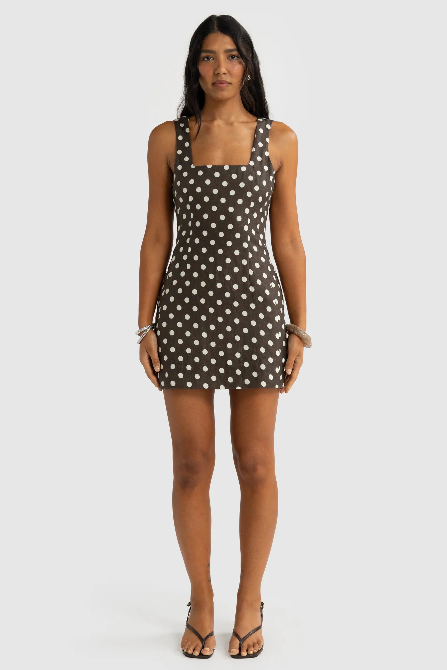 Zoey Linen Mini Dress Polka Dot Carob