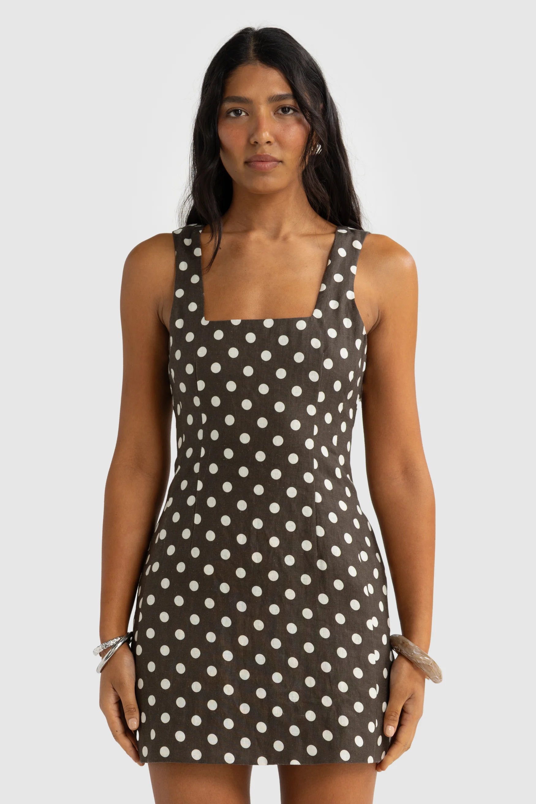 Zoey Linen Mini Dress Polka Dot Carob