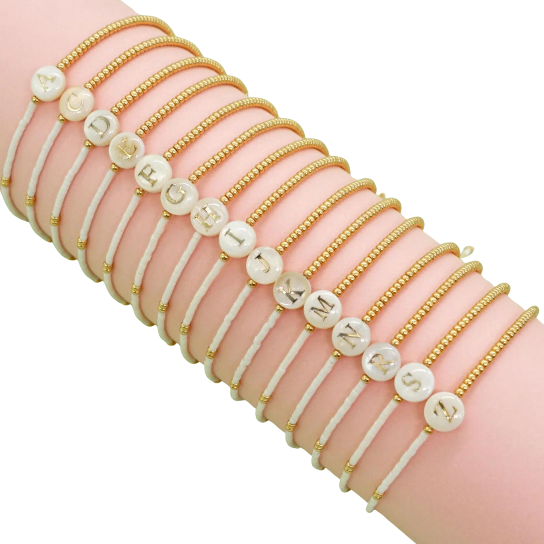 Gold Initial - 18K Gold, Mother of Pearl,  Beaded Bracelet